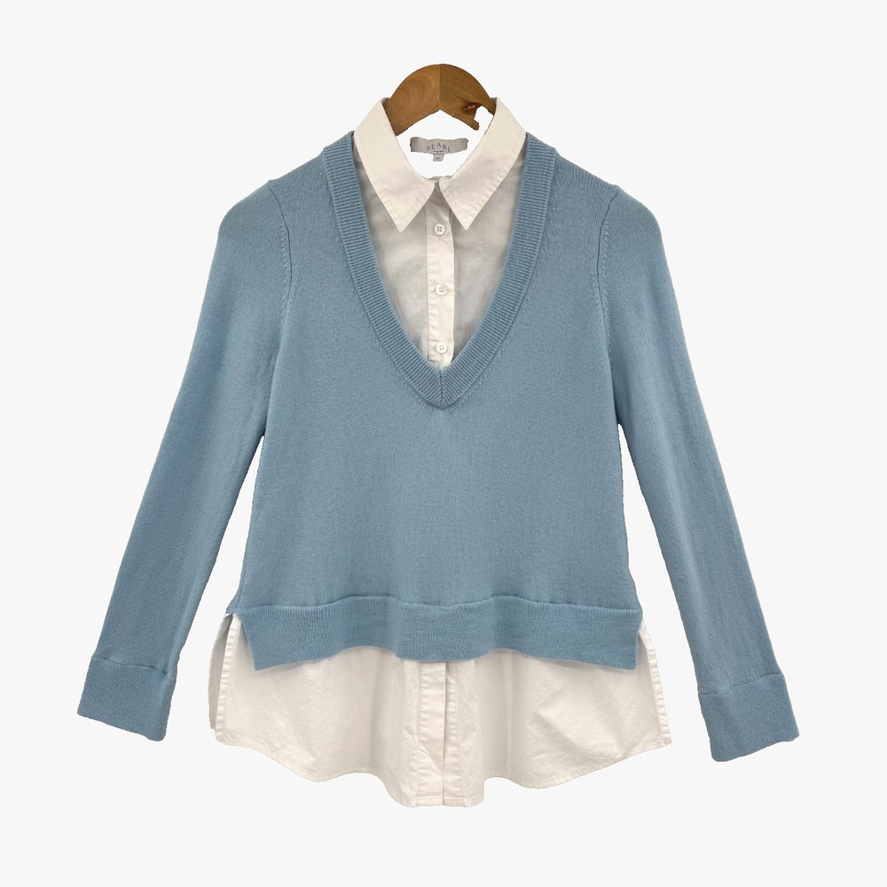 Pearl by Lela Rose Wool Layered Sweater Shirt Blue White V Neck Top XS